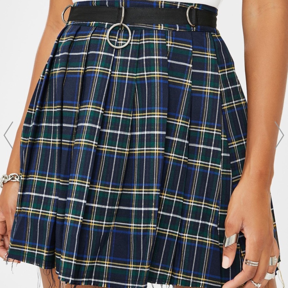 distressed navy plaid mini skirt